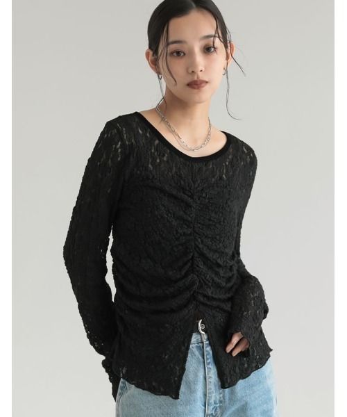 Re:EDIT（リエディ）の「前後2Wayギャザーチュールレースシアートップス（Tシャツ/カットソー・レディース・アイボリー/ブラック/ブラウン・FREE）」の3枚目の写真