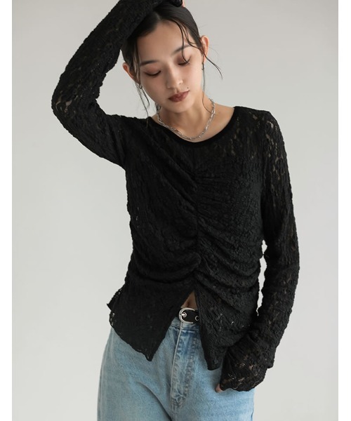 Re:EDIT（リエディ）の「前後2Wayギャザーチュールレースシアートップス（Tシャツ/カットソー・レディース・アイボリー/ブラック/ブラウン・FREE）」の8枚目の写真
