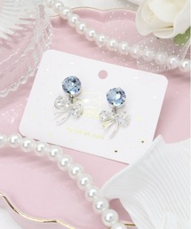 【バンピ】クリスタルガラスビジューシルバーリボンピアス