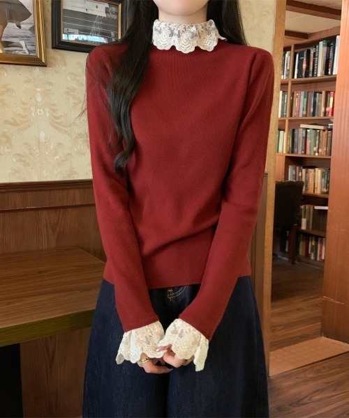 LUCPY(ラクピー)の「レースフリルハイネックリブニットトップス(ニット/セーター・レディース・ブラック/レッド/アイボリー/ピンク・FREE)」の4枚目の写真