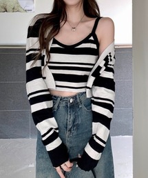 ボーダー柄ショート丈ニットアンサンブル/レディース キャミ カーディガン セット 韓国ファッション
