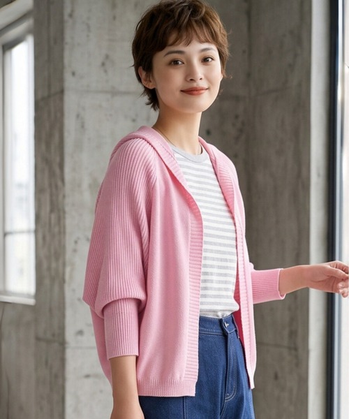 Sew loop（ソーループ）の「フーディショート丈リブニットカーディガン（カーディガン/ボレロ・レディース・ピンク/ベージュ/ブラック/グレー・FREE）」の4枚目の写真