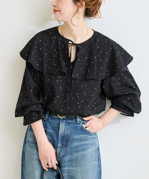 B.C STOCK(ベーセーストック)の「手洗い可 / C/RYドビーSTARプリントブラウス(シャツ/ブラウス・レディース・ブラック/ホワイト・FREE)」の1枚目の写真