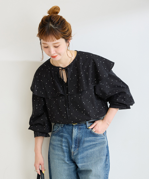 B.C STOCK(ベーセーストック)の「手洗い可 / C/RYドビーSTARプリントブラウス(シャツ/ブラウス・レディース・ブラック/ホワイト・FREE)」の6枚目の写真