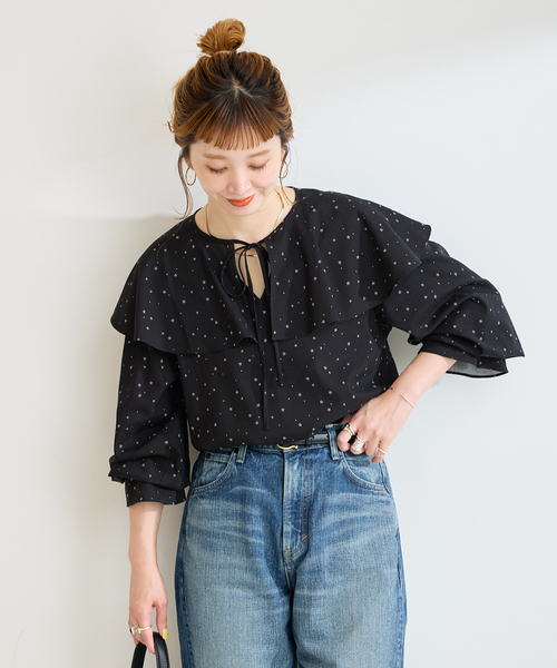 B.C STOCK(ベーセーストック)の「手洗い可 / C/RYドビーSTARプリントブラウス(シャツ/ブラウス・レディース・ブラック/ホワイト・FREE)」の7枚目の写真