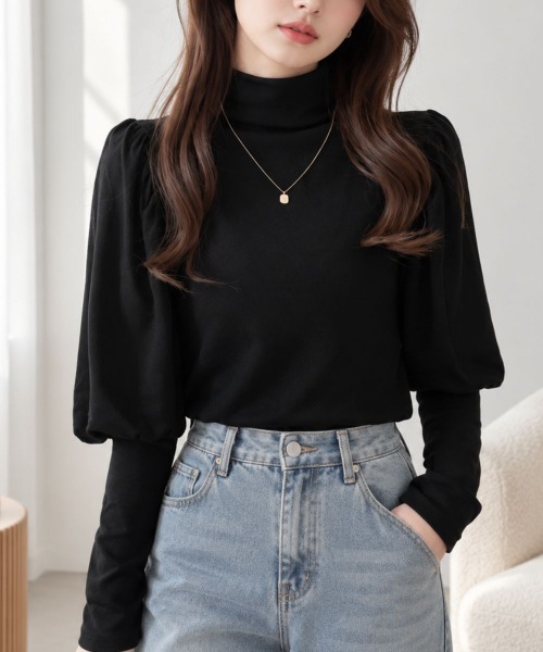 Amulet(アミュレット)の「ボリュームスリーブハイネックトップス(Tシャツ/カットソー・レディース・ホワイト/ブラウン/ブラック・FREE)」の1枚目の写真
