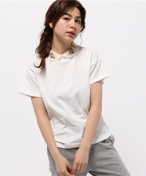 POU DOU DOU（プードゥドゥ）の「オーガンジー花刺繍衿カノコプルオーバー（Tシャツ/カットソー・レディース・オフホワイト/ブラック系その他/グレー系その他・3）」の2枚目の写真