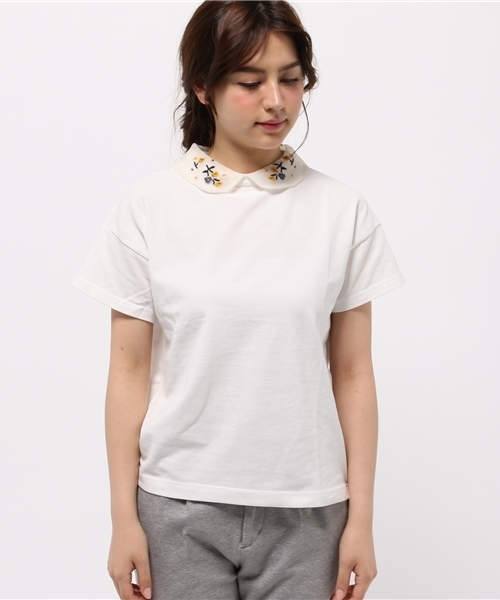 POU DOU DOU（プードゥドゥ）の「オーガンジー花刺繍衿カノコプルオーバー（Tシャツ/カットソー・レディース・オフホワイト/ブラック系その他/グレー系その他・3）」の4枚目の写真