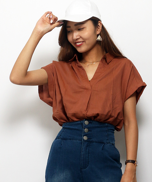 VENCEEXCHANGE（ヴァンスエクスチェンジ）の「スキッパーシャツ（シャツ/ブラウス・レディース・オフホワイト/ダークグリーン/レンガ・MEDIUM）」の3枚目の写真