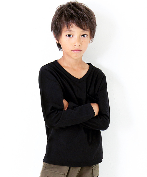 devirock(デビロック)の「【旧モデル】パックT★Vネック無地長袖Tシャツ(Tシャツ/カットソー・キッズ・ワイン/ホワイト/ネイビー/グリーン系その他/ブラック/カーキ/杢グレー/ターコイズブルー/ピンク/グリーン系その他2・120cm/130cm/100cm/140cm/150cm/160cm/110cm)」の1枚目の写真