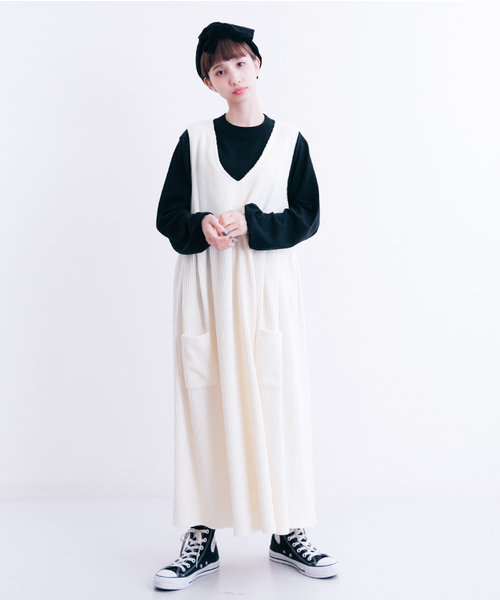 MERLOT（メルロー）の「Vネックジャンパースカートワンピ1059（ワンピース・レディース・アイボリー/ネイビー/ブラック/ピンク・FREE）」の12枚目の写真