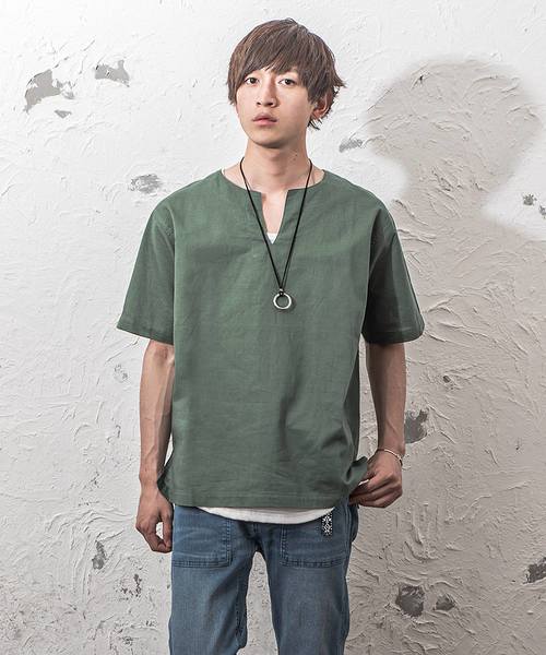 MinoriTY（マイノリティ）の「綿麻キーネックプルオーバーシャツ（Tシャツ/カットソー・メンズ・ブルー系その他/カーキ/ベージュ・M/L）」の3枚目の写真