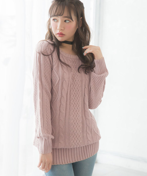 Newlyme(ニューリーミー)の「ケーブルチュニックニットトップス(ニット/セーター・レディース・アイボリー/ベージュ/ピンク系その他/パープル/ブルー/プラム/モカ/ボルドー/杢グレー/チャコールグレー/ブラック/ブラック系その他・MEDIUM/LARGE/X-LARGE)」の11枚目の写真