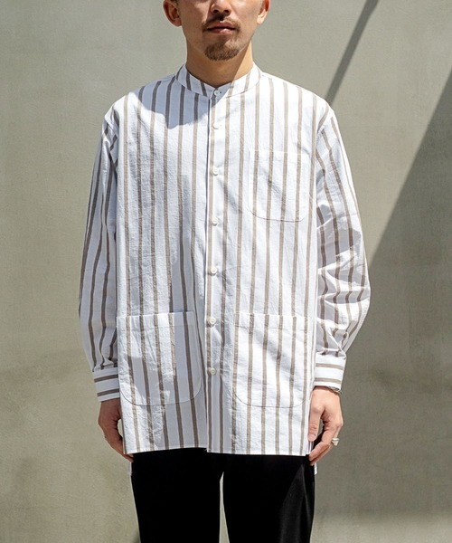 Milok（ミロック）の「NO COLLAR SHIRT（シャツ/ブラウス・メンズ・ストライプ/ネイビー・44/46/48）」の2枚目の写真