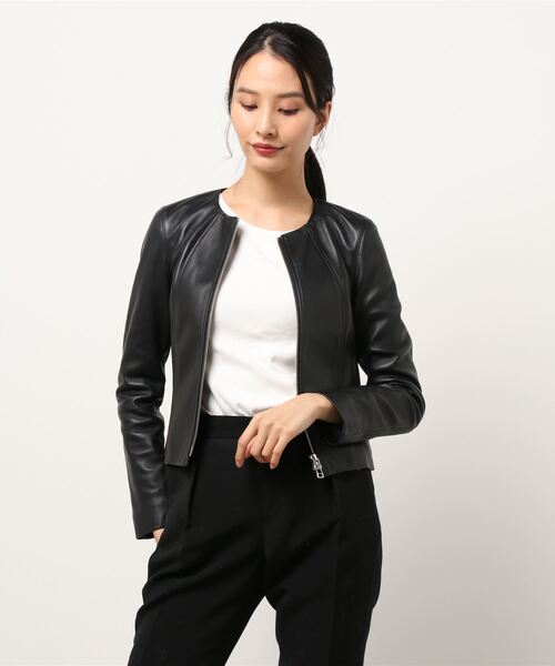 ジャケット アウター Allureville アルアバイル のノーカラージャケット レザークルーネックブルゾン 19 080 を購入できます Allureville ノーカラージャケット レザークルーネックブルゾン ノーカラージャケット Allureville アルアバイル の