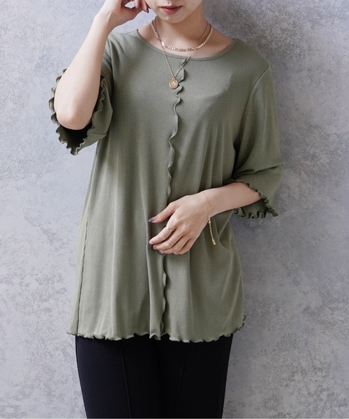 Happy John(ハッピージョン)の「バックスリットメロウカット(Tシャツ/カットソー・レディース・ナチュラル/グリーン・FREE)」の5枚目の写真