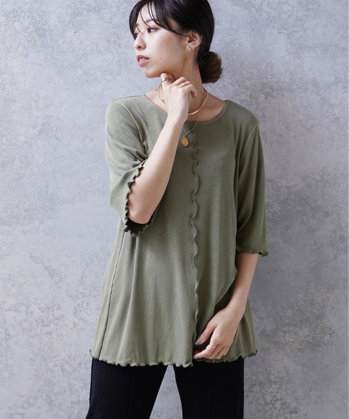 Happy John(ハッピージョン)の「バックスリットメロウカット(Tシャツ/カットソー・レディース・ナチュラル/グリーン・FREE)」の16枚目の写真