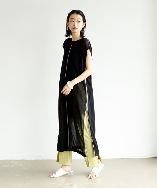 Birthday room（バースデイルーム）の「シアー ライン ロング パイピング ニット クルーネック ワンピース（ワンピース・レディース・ブラック/ベージュ/パープル/ライム・FREE）」の5枚目の写真