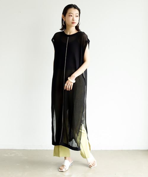 Birthday room（バースデイルーム）の「シアー ライン ロング パイピング ニット クルーネック ワンピース（ワンピース・レディース・ブラック/ベージュ/パープル/ライム・FREE）」の14枚目の写真