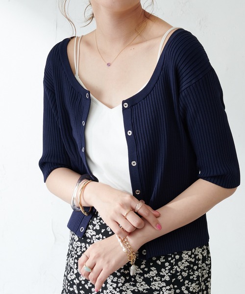 DISCOAT（ディスコート）の「リブショートカーディガン（カーディガン/ボレロ・レディース・アイボリー/グリーン/ネイビー/イエロー・FREE）」の4枚目の写真