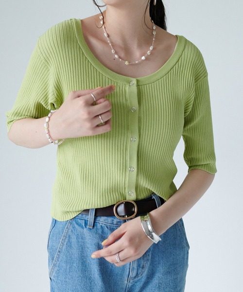 DISCOAT（ディスコート）の「リブショートカーディガン（カーディガン/ボレロ・レディース・アイボリー/グリーン/ネイビー/イエロー・FREE）」の6枚目の写真