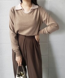 ★ニュアンスカラー　配色襟つきスキッパーネックポロニット