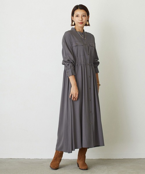 NICOLE white（ニコルホワイト）の「ポケット付 ウエストドロストワンピース（ワンピース・レディース・チャコールグレー/カーキ・FREE）」の14枚目の写真