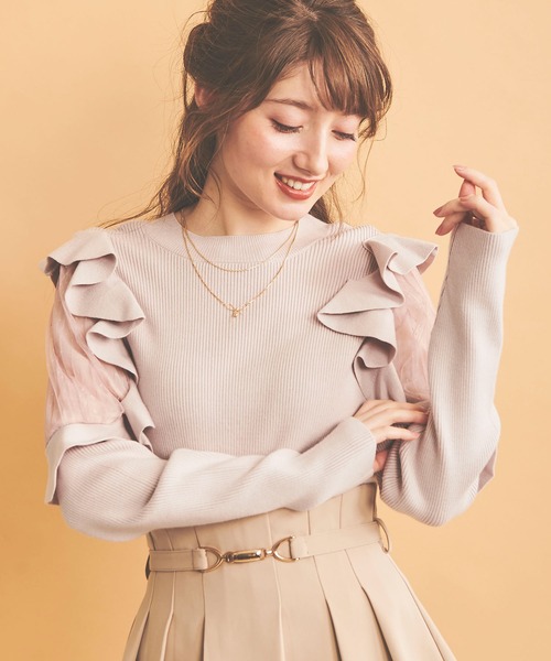 NOELA(ノエラ)の「チュール切替フリルニット(ニット/セーター・レディース・ブラック/ピンク/オフホワイト・フリー)」の1枚目の写真