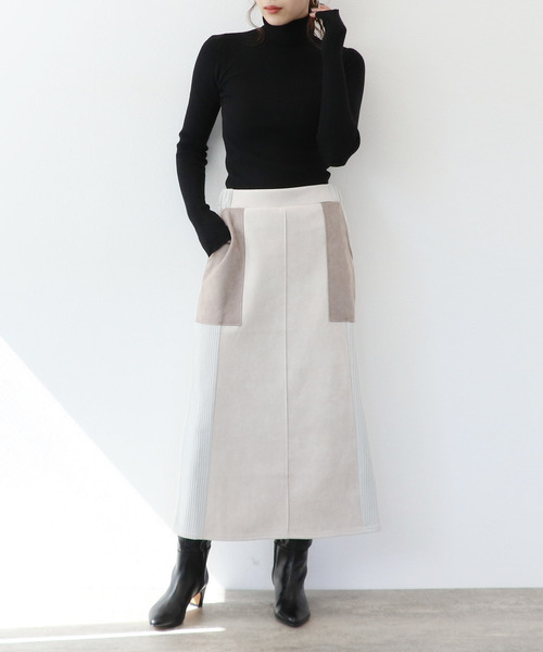 Three Four Time(スリーフォータイム)の「スエードリブ切替バイカラースカート(スカート・レディース・ブラウン/ベージュ・FREE)」の2枚目の写真