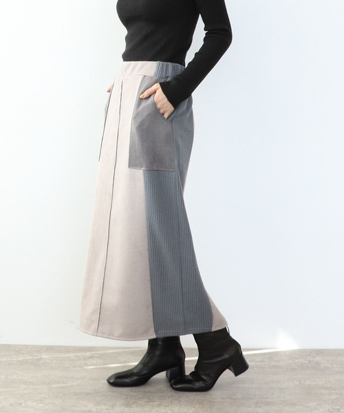 Three Four Time(スリーフォータイム)の「スエードリブ切替バイカラースカート(スカート・レディース・ブラウン/ベージュ・FREE)」の1枚目の写真