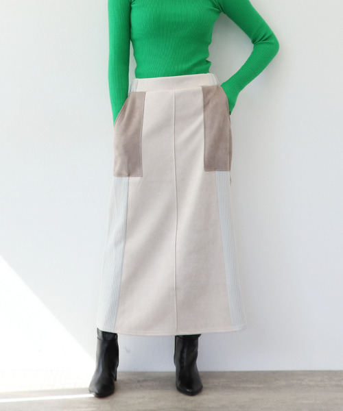 Three Four Time(スリーフォータイム)の「スエードリブ切替バイカラースカート(スカート・レディース・ブラウン/ベージュ・FREE)」の5枚目の写真