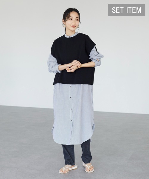 CRAFT STANDARD BOUTIQUE(クラフトスタンダードブティック)の「【ウォッシャブル】SET シャツワンピース+ニットベスト *◆(シャツワンピース・レディース・オフホワイト/ストライプ・FREE)」の2枚目の写真