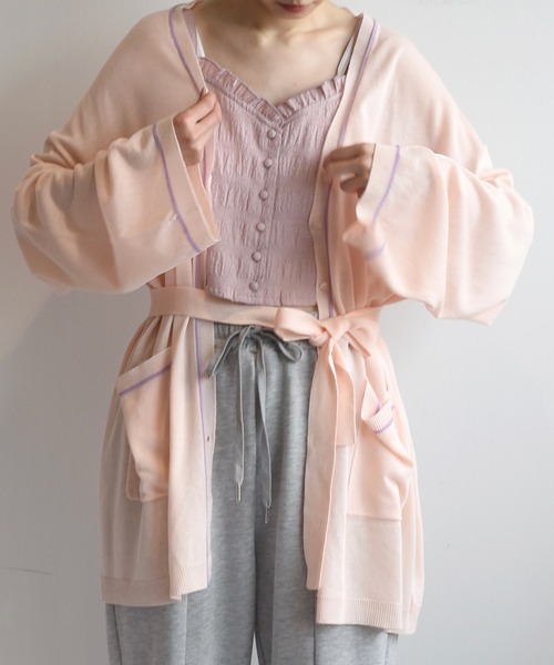 Alley by w closet（アリーバイダブルクローゼット）の「【Alley】12G配色ラインニットカーディガン（カーディガン/ボレロ・レディース・イエロー/グリーン/スモークピンク・FREE）」の3枚目の写真