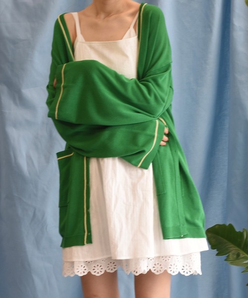 Alley by w closet（アリーバイダブルクローゼット）の「【Alley】12G配色ラインニットカーディガン（カーディガン/ボレロ・レディース・イエロー/グリーン/スモークピンク・FREE）」の10枚目の写真