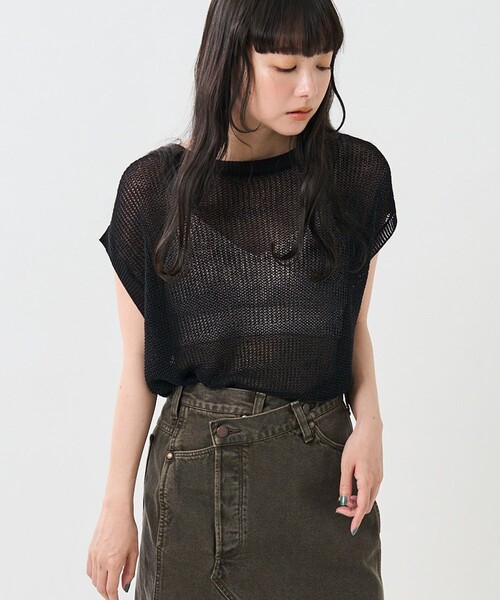 FREAK'S STORE（フリークスストア）の「カラーメッシュノースリーブニット（Tシャツ/カットソー・レディース・オフホワイト/ブラック/ブラウン/グリーン・ﾌﾘ-）」の3枚目の写真