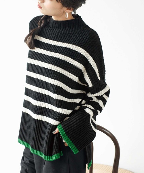 2022AWハイネック配色使いボーダーニット