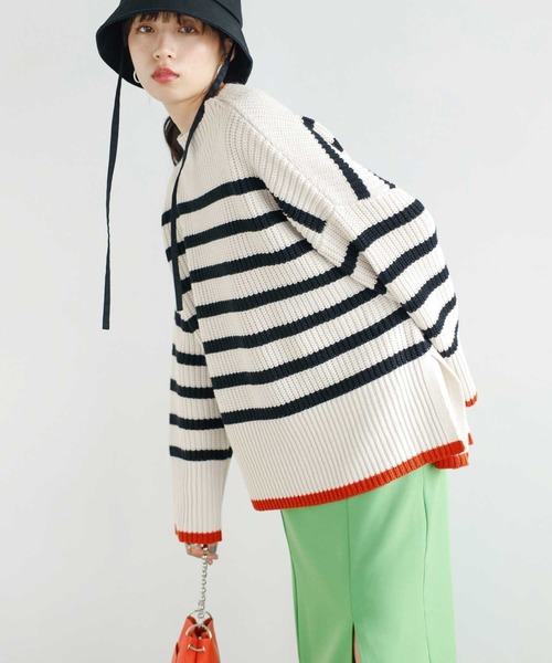 2022AWハイネック配色使いボーダーニット