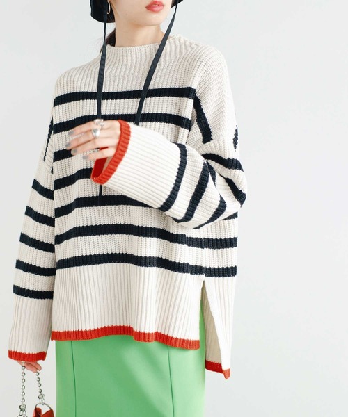2022AWハイネック配色使いボーダーニット