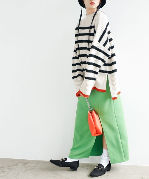 2022AWハイネック配色使いボーダーニット