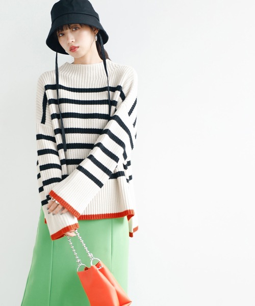 2022AWハイネック配色使いボーダーニット
