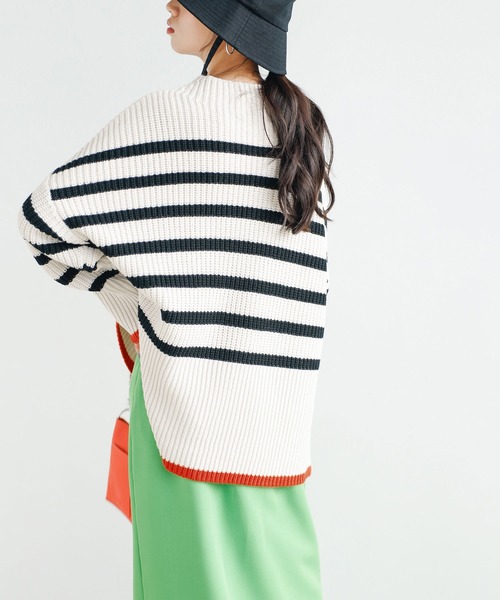 2022AWハイネック配色使いボーダーニット