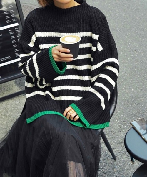 【未使用】Sybilla シビラ 現行 マルチボーダーニットコート サイズM セール】ハイネック配色使いボーダーニット（ニット/セーター