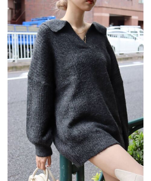 EVRIS（エヴリス）の「オープンカラールーズニットトップス（ニット/セーター・レディース・グレー/ブルー/アイボリー・FREE）」の8枚目の写真