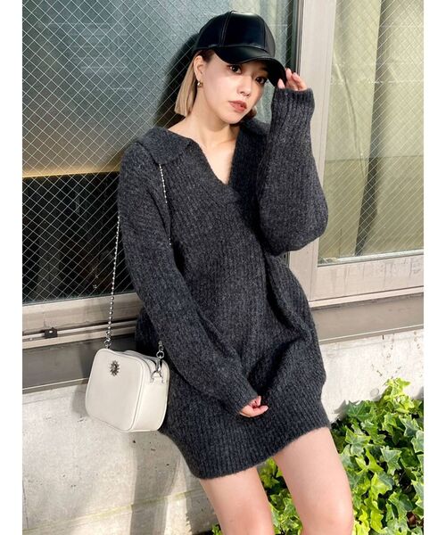 EVRIS（エヴリス）の「オープンカラールーズニットトップス（ニット/セーター・レディース・グレー/ブルー/アイボリー・FREE）」の13枚目の写真