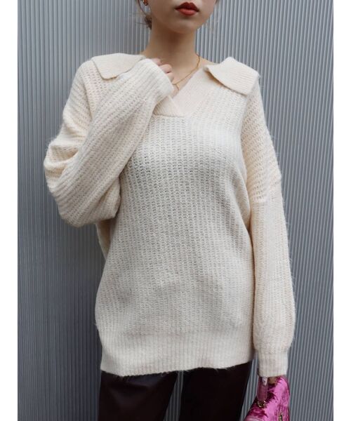 EVRIS（エヴリス）の「オープンカラールーズニットトップス（ニット/セーター・レディース・グレー/ブルー/アイボリー・FREE）」の18枚目の写真