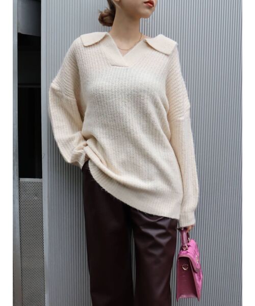 EVRIS（エヴリス）の「オープンカラールーズニットトップス（ニット/セーター・レディース・グレー/ブルー/アイボリー・FREE）」の21枚目の写真