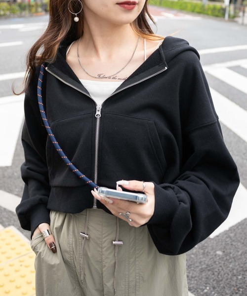 WEGO（ウィゴー）の「WEGO/ショートZIPパーカー（パーカー・レディース・杢グレー/ブラック/ホワイト/ブラック系その他・FREE）」の13枚目の写真