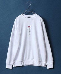 Fleece Lining Rose Embroidery Oversized Sweatshirt/裏起毛 ワンポイント フラワー 薔薇刺繍 オーバーサイズ スウェット トップス トレーナー メンズ