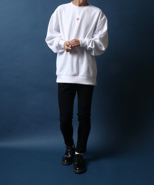 ANPAS（アンパス）の「Fleece Lining Rose Embroidery Oversized Sweatshirt/裏起毛 ワンポイント フラワー 薔薇刺繍 オーバーサイズ スウェット トップス トレーナー メンズ（スウェット・メンズ・ホワイト系その他/ブラック系その他/ホワイト系その他2/ホワイト系その他3/ブラック系その他2/ブラック系その他3・M/L）」の9枚目の写真