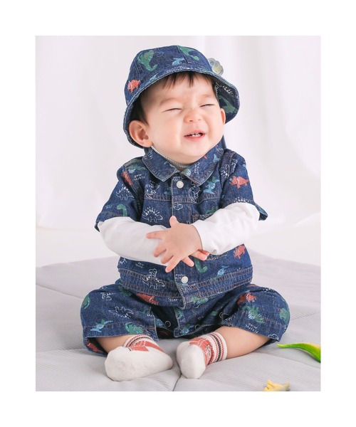 SLAP SLIP BABY（スラップスリップベビー）の「SLAPSLIPBABY/無地恐竜総柄日よけ付ハットベビー(46~48cm)（ハット・キッズ・ブルー系その他/ホワイト系その他・46/48）」の7枚目の写真